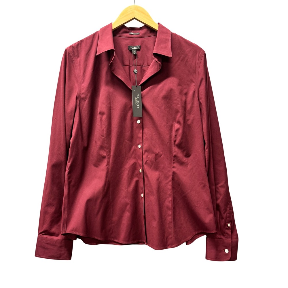 Talbots Button Up Shirt Womens 14 Wrinkle Resistant Burgundy Fall Winter NEW
